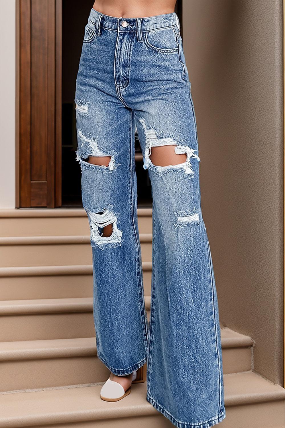 Distressed High Waist Bootcut Jeans - Bona Fide Fashion