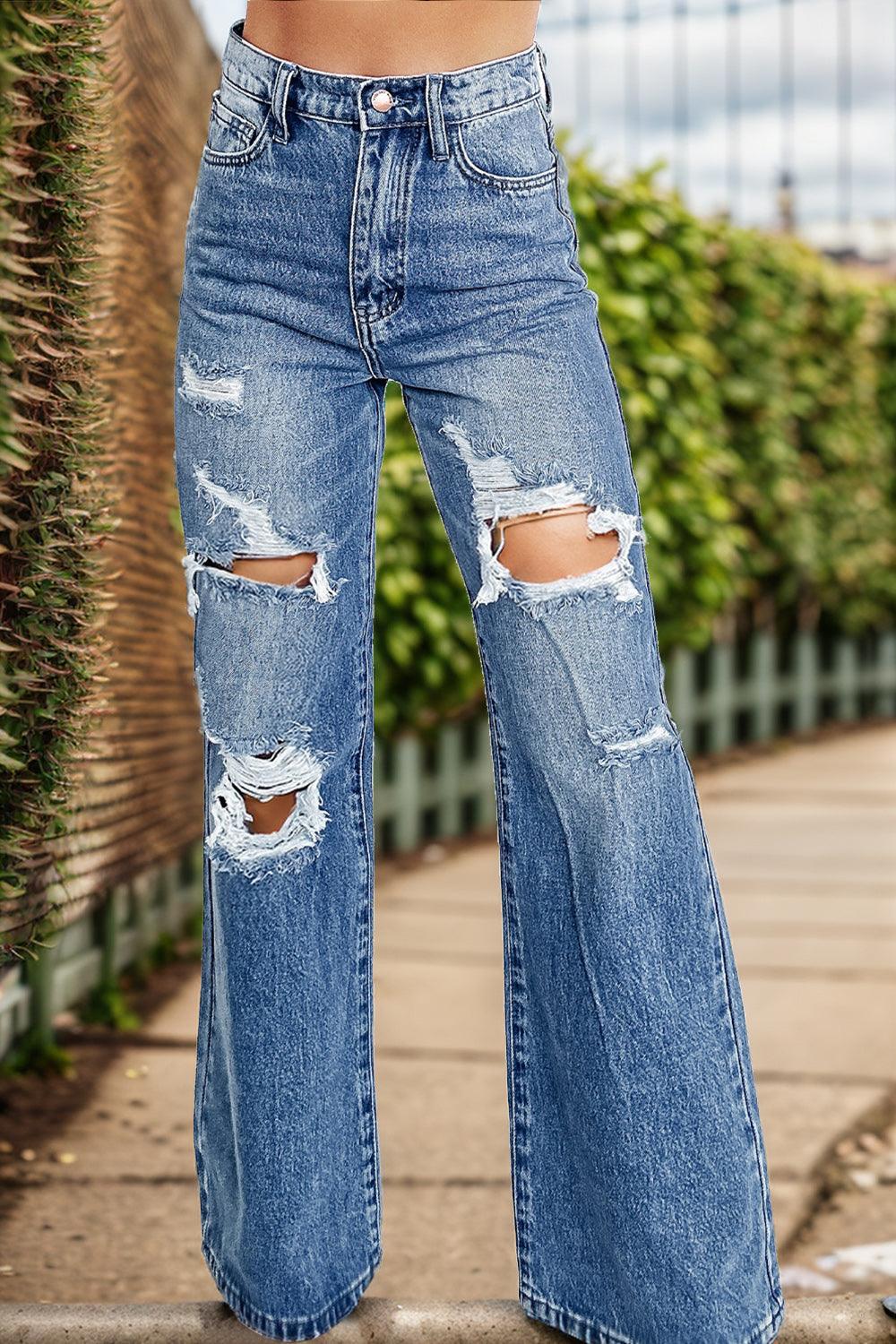 Distressed High Waist Bootcut Jeans - Bona Fide Fashion