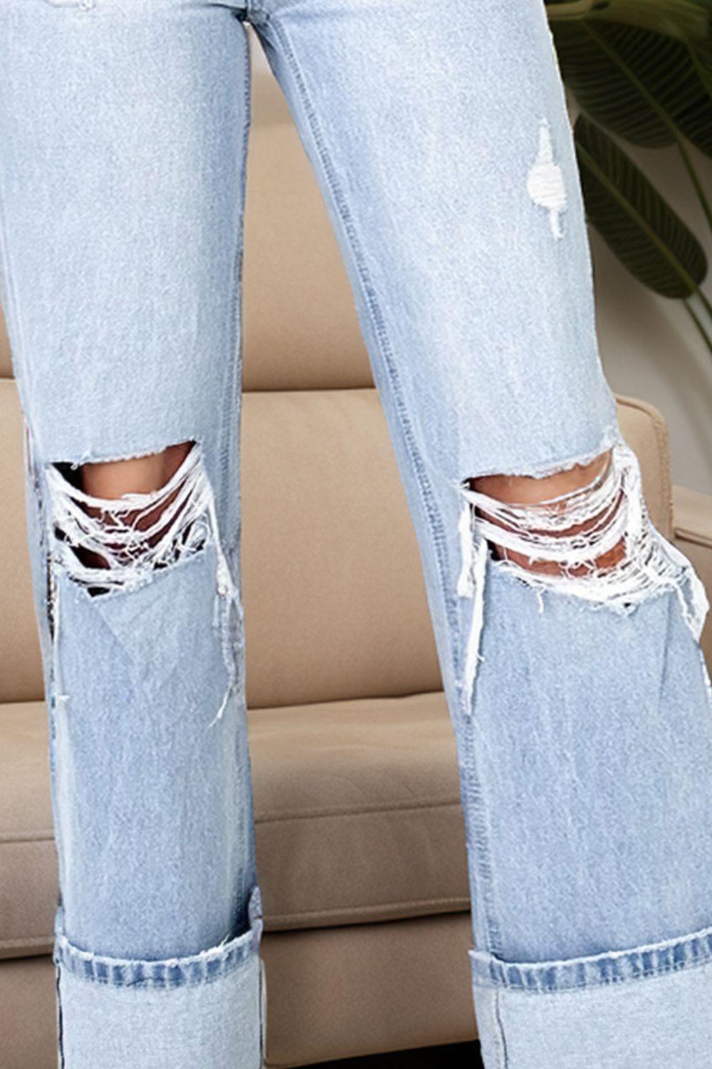 Distressed High Waist Jeans with Pockets - Bona Fide Fashion