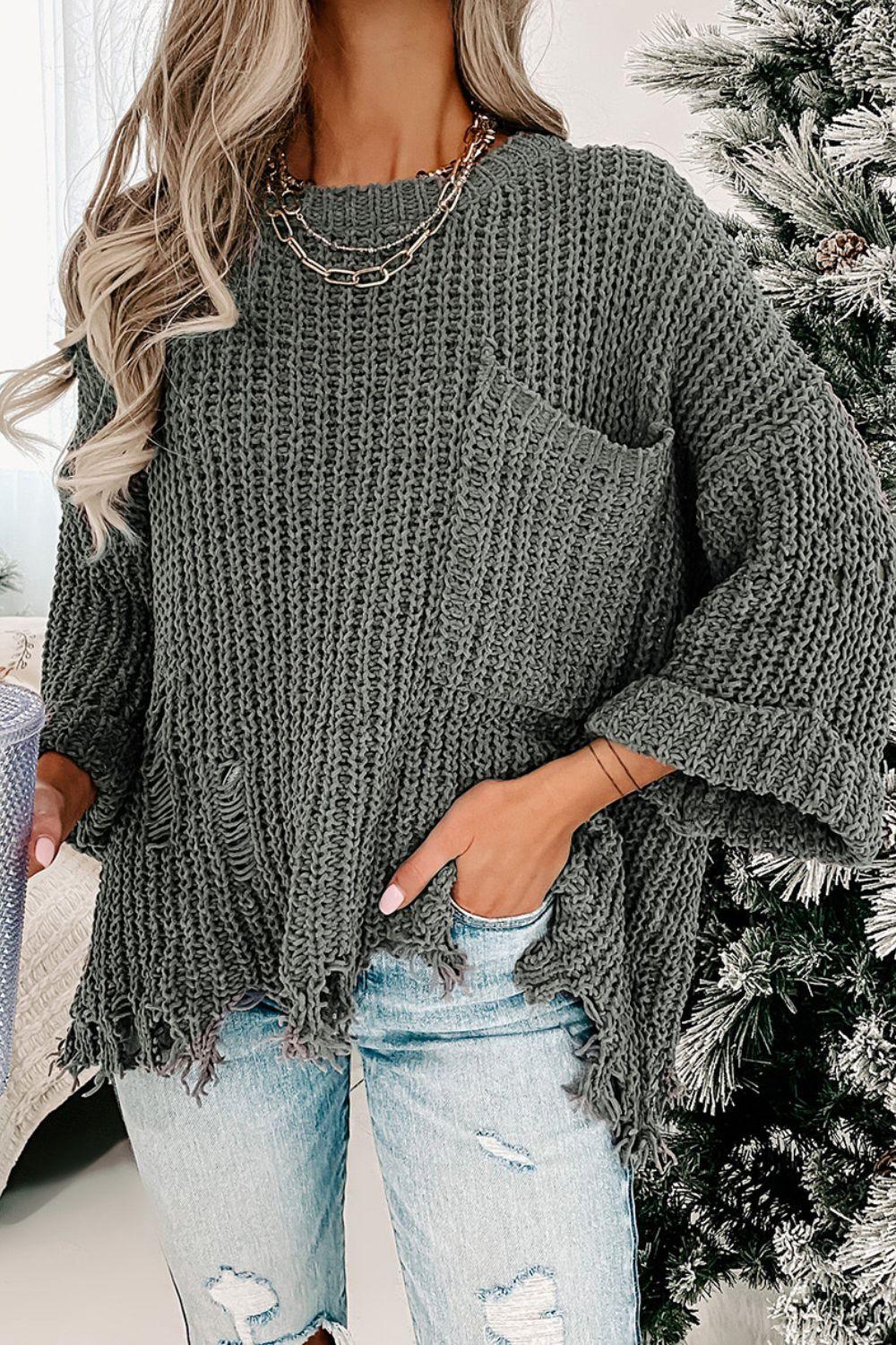 Distressed Round Neck Drop Shoulder Sweater - Bona Fide Fashion