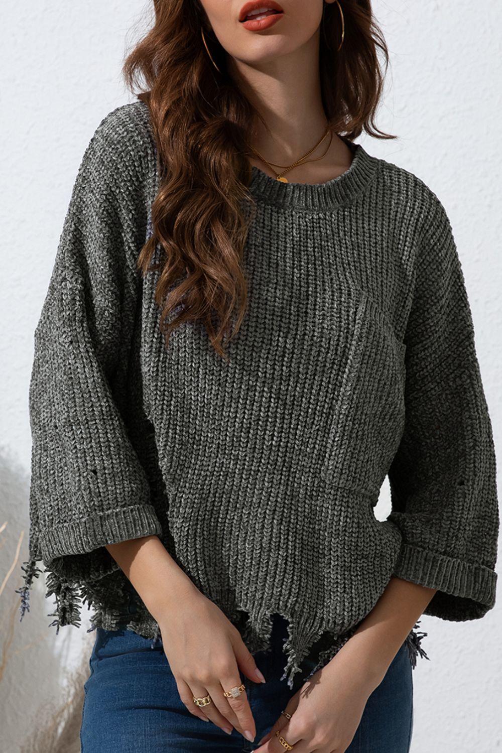 Distressed Round Neck Drop Shoulder Sweater - Bona Fide Fashion