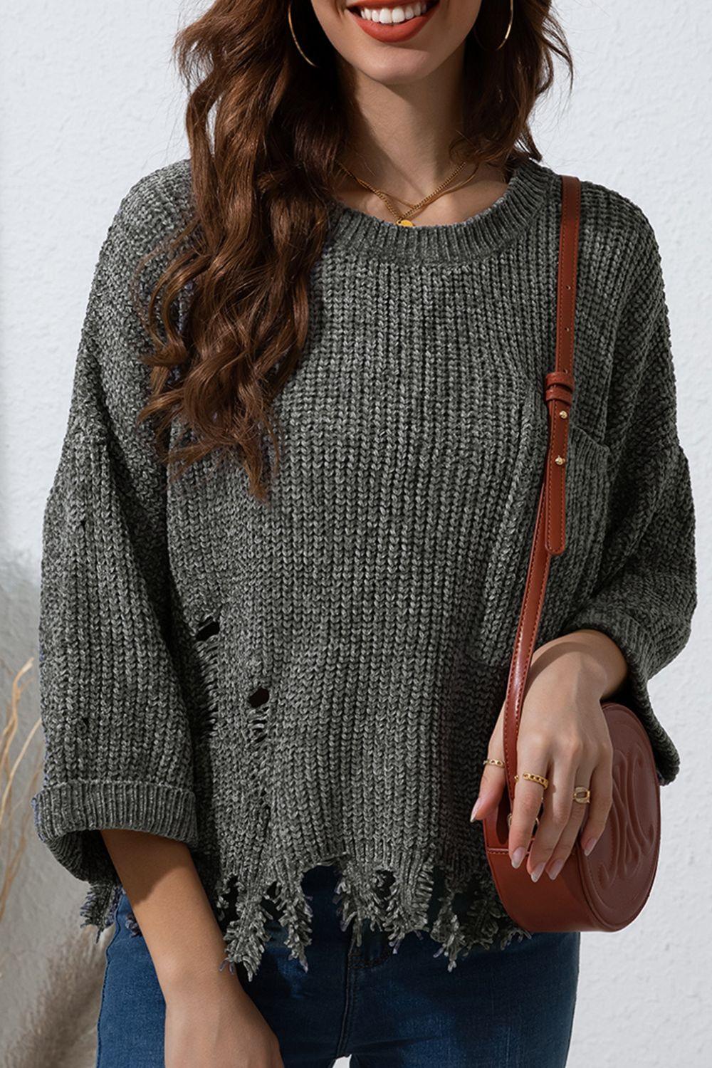 Distressed Round Neck Drop Shoulder Sweater - Bona Fide Fashion