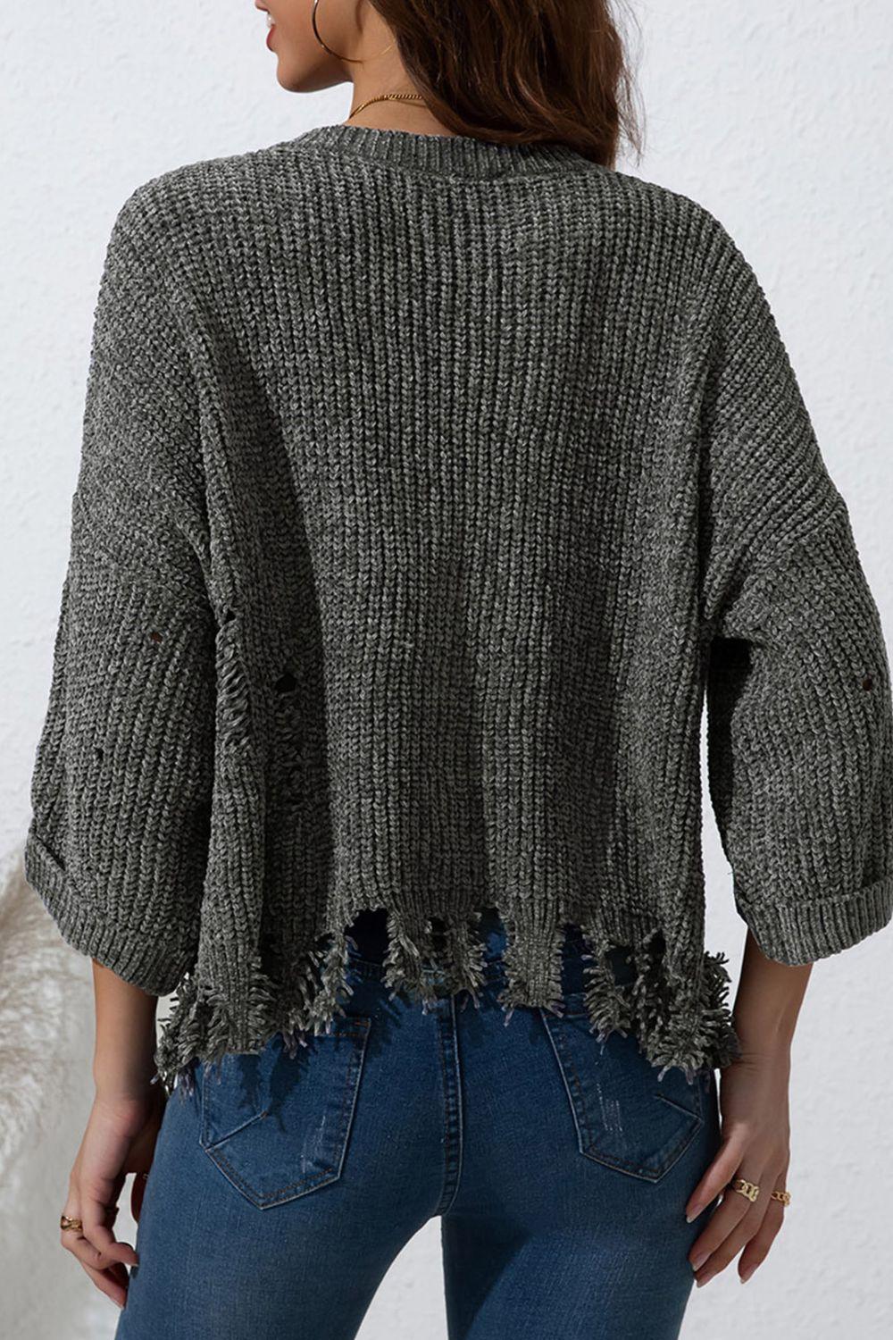 Distressed Round Neck Drop Shoulder Sweater - Bona Fide Fashion