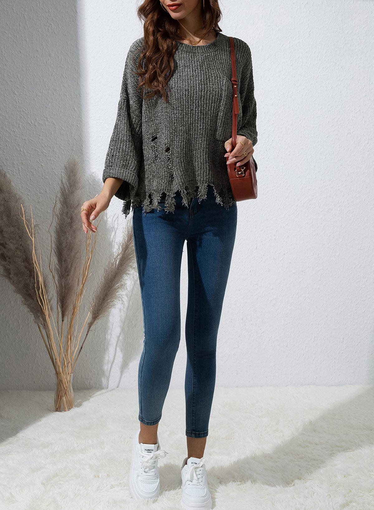 Distressed Round Neck Drop Shoulder Sweater - Bona Fide Fashion