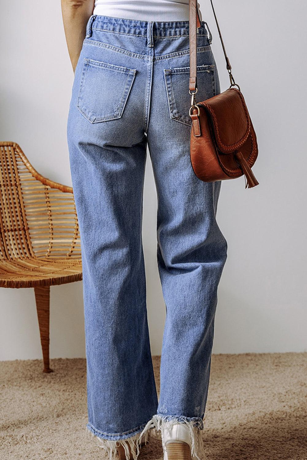 Distressed Straight Leg Jeans with Pockets - Bona Fide Fashion