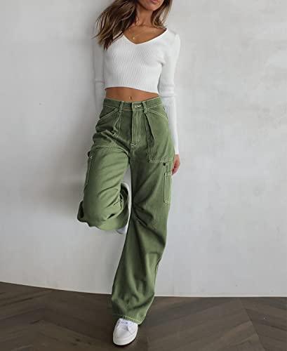 Dokotoo Cargo Pants Women High Waisted Baggy Straight Wide Leg Womens Green Pants Trendy 6 Pockets Straight Trousers Women Clothes Clothing 2024 Fashion Outfits Casual Womens Slacks - Bona Fide Fashion