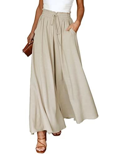 Dokotoo Fashion Womens High Waist Drawstring Wide Leg LongPants Casual Loose Breathable Lounge Yoga Trousers for Women Ladies Beach Pants with Pockets Beige L - Bona Fide Fashion