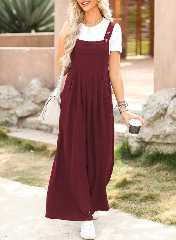 Dokotoo Loose Jumpsuits for Women Overalls Oversized Solid Color Casual Wide Leg One Piece Sleeveless jumpsuit Long Pant Romper with Pockets 2024 Fashion Red Large - Bona Fide Fashion