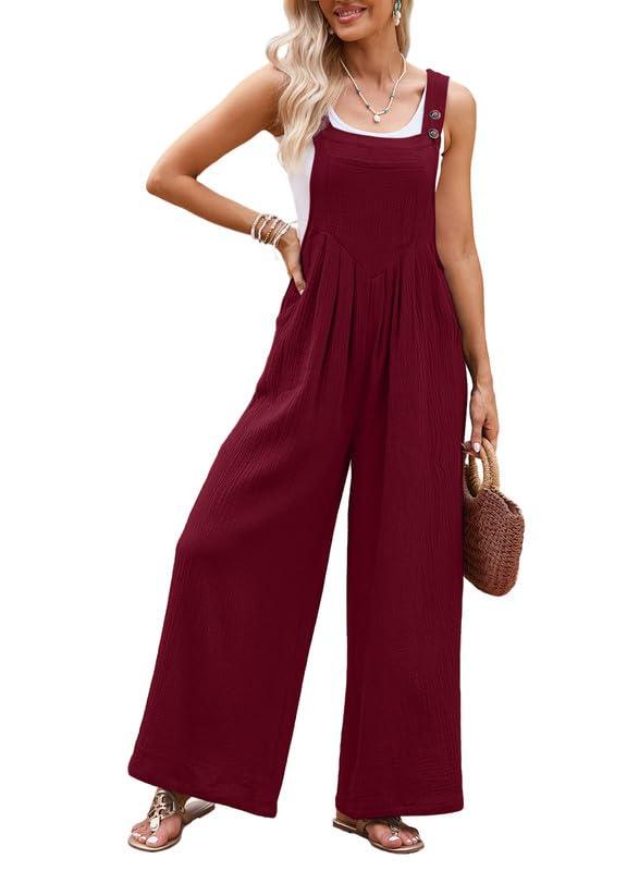 Dokotoo Loose Jumpsuits for Women Overalls Oversized Solid Color Casual Wide Leg One Piece Sleeveless jumpsuit Long Pant Romper with Pockets 2024 Fashion Red Large - Bona Fide Fashion