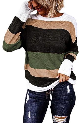Dokotoo Sweaters for Women Round Neck Striped Cute Winter Pullover Sweaters for Women Fashion 2023 Drawstring Green Small - Bona Fide Fashion