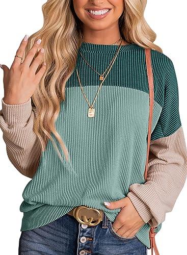 Dokotoo Womens Pullover Shirts Ladies Crewneck Long Sleeve Colorblock Tunics Blouses Autumn Winter Casual Loose Jumper Tops Fall Fashion Knitted Tops Blue Green Medium - Bona Fide Fashion