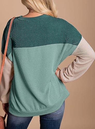 Dokotoo Womens Pullover Shirts Ladies Crewneck Long Sleeve Colorblock Tunics Blouses Autumn Winter Casual Loose Jumper Tops Fall Fashion Knitted Tops Blue Green Medium - Bona Fide Fashion