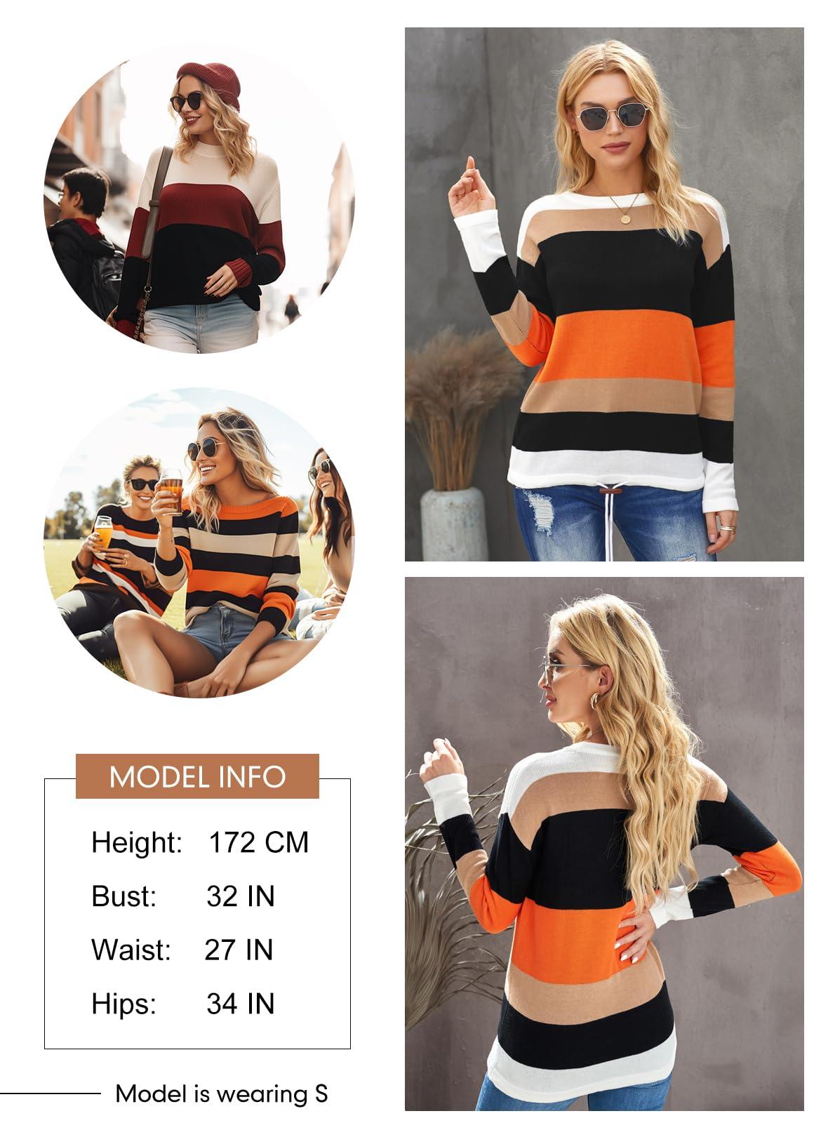 Dokotoo Womens Sweaters Round Neck Striped Cute Winter Pullover Sweaters for Women Trendy 2023 Drawstring Orange Medium - Bona Fide Fashion