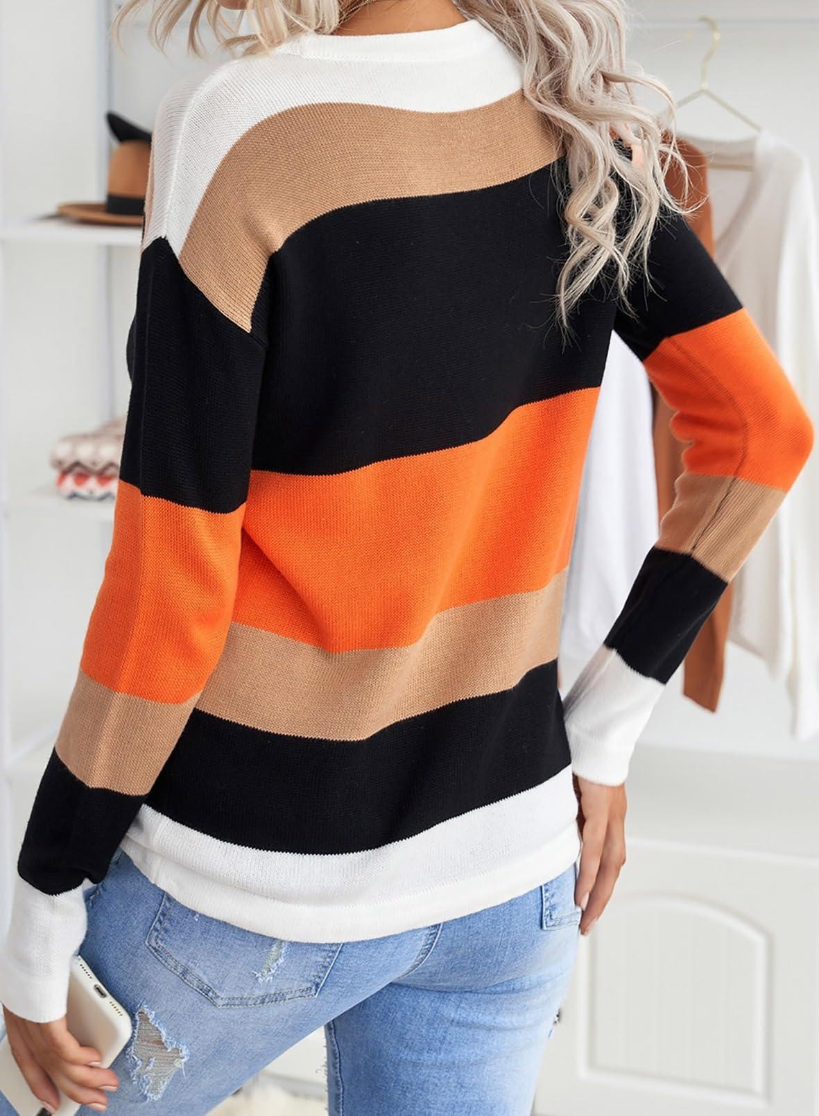 Dokotoo Womens Sweaters Round Neck Striped Cute Winter Pullover Sweaters for Women Trendy 2023 Drawstring Orange Medium - Bona Fide Fashion