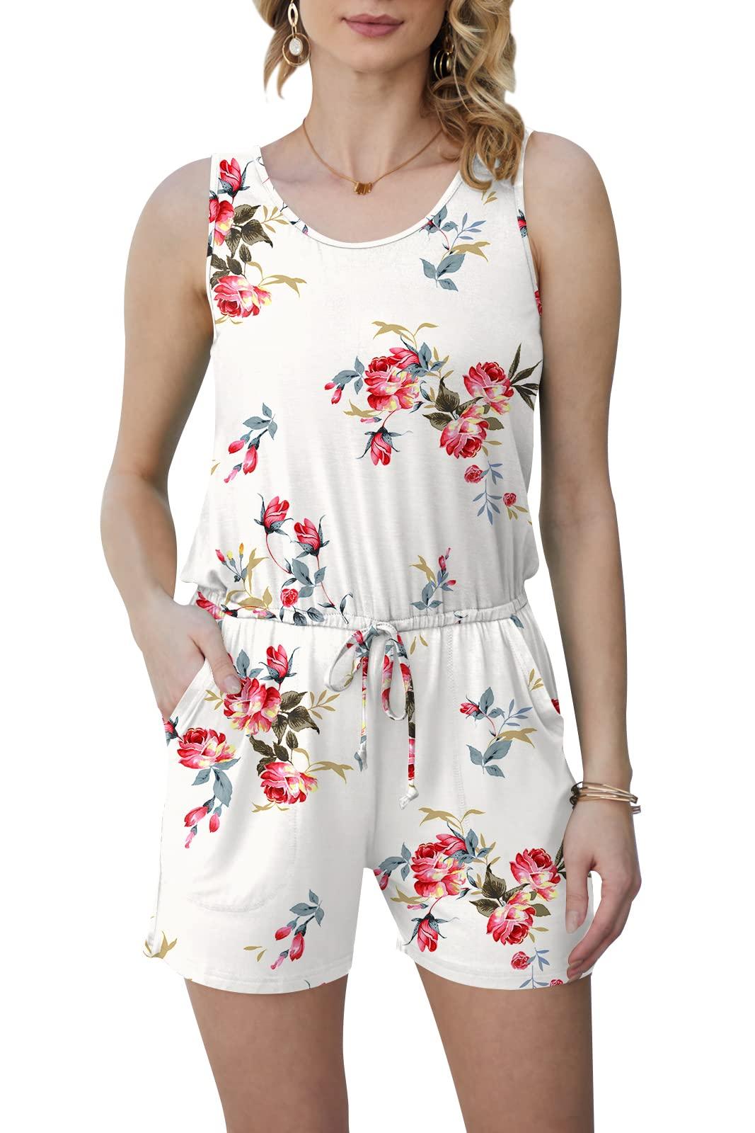 DouBCQ Womens Summer Casual Sleeveless Loose Jumpsuits Romper with Pockets (Floral Red White, X-Large) - Bona Fide Fashion