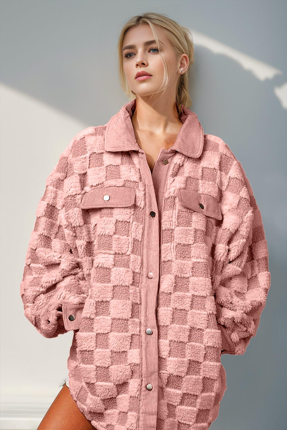 Double Take Button Up Fuzzy Checkered Shacket - Bona Fide Fashion