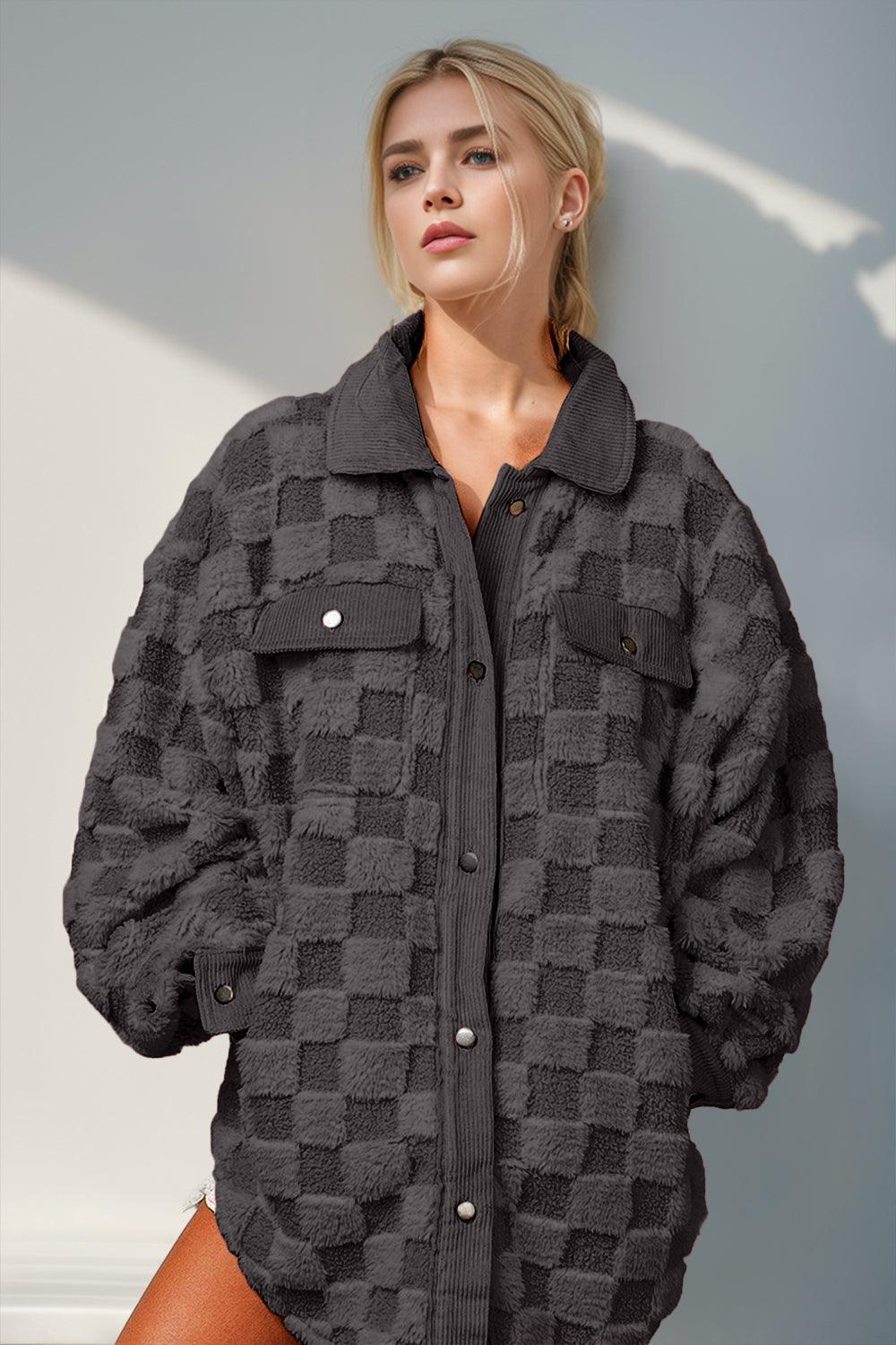 Double Take Button Up Fuzzy Checkered Shacket - Bona Fide Fashion