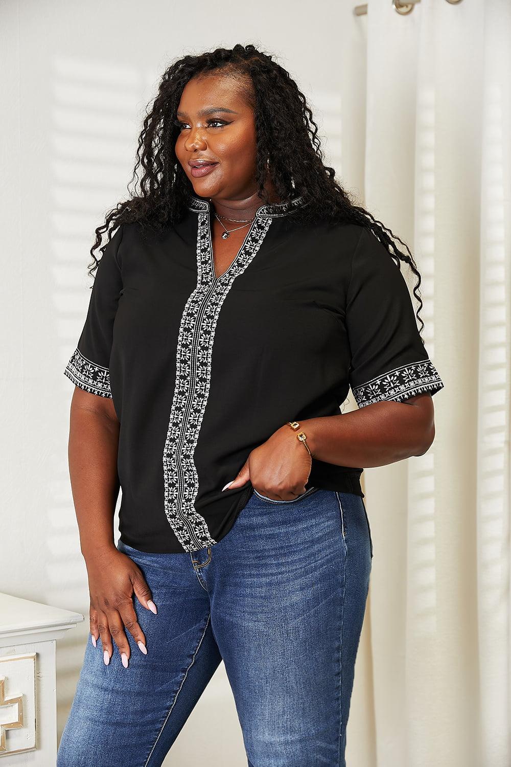 Double Take Embroidered Notched Neck Top - Bona Fide Fashion