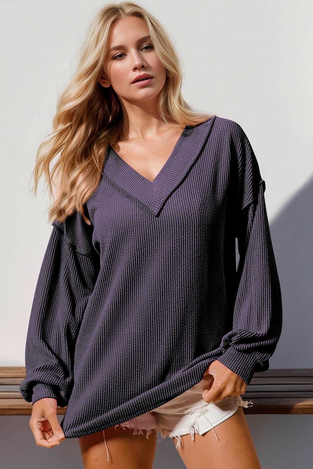 Double Take Exposed Seam Ribbed Textured V-Neck Long Sleeve T-Shirt - Bona Fide Fashion