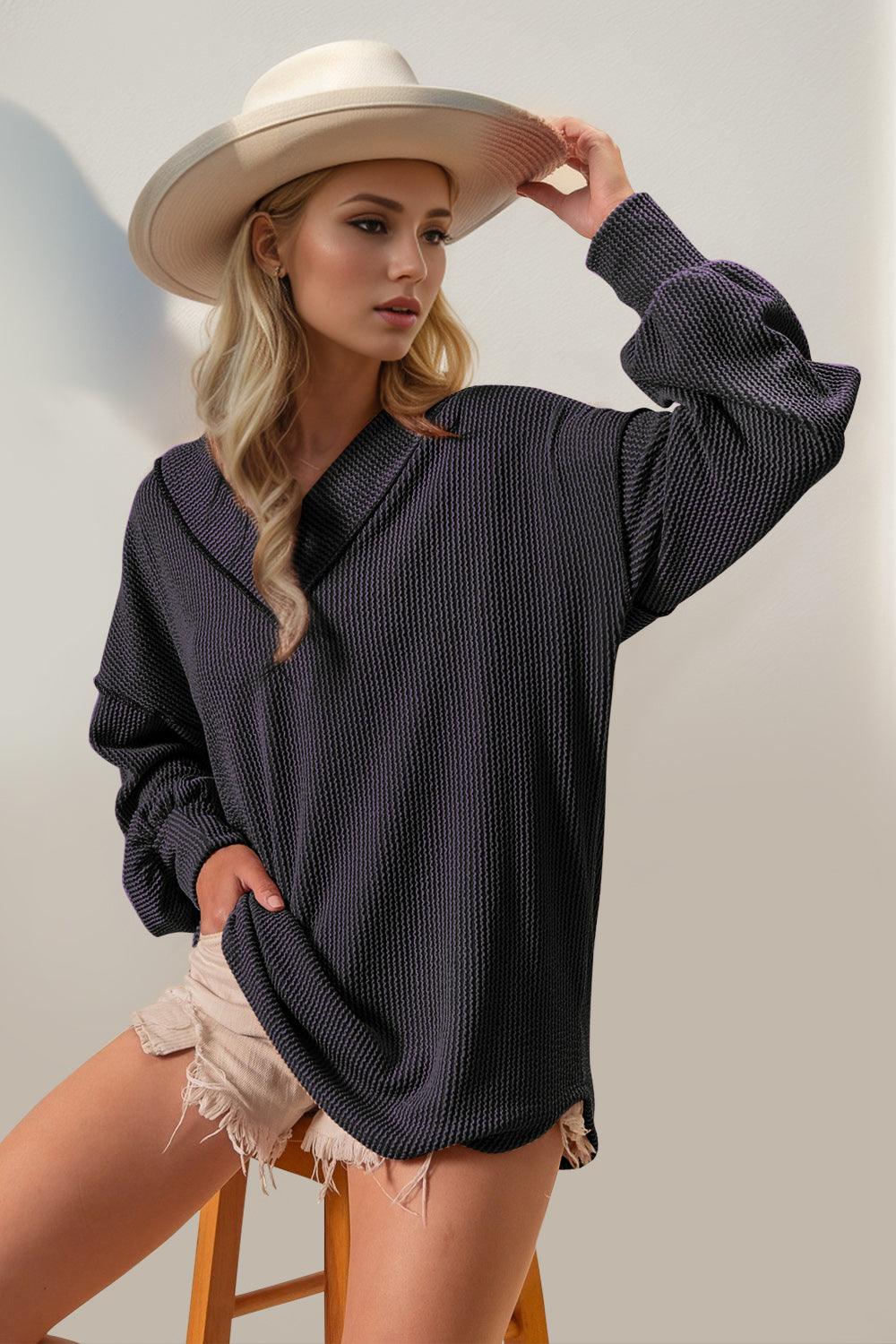 Double Take Exposed Seam Ribbed Textured V-Neck Long Sleeve T-Shirt - Bona Fide Fashion