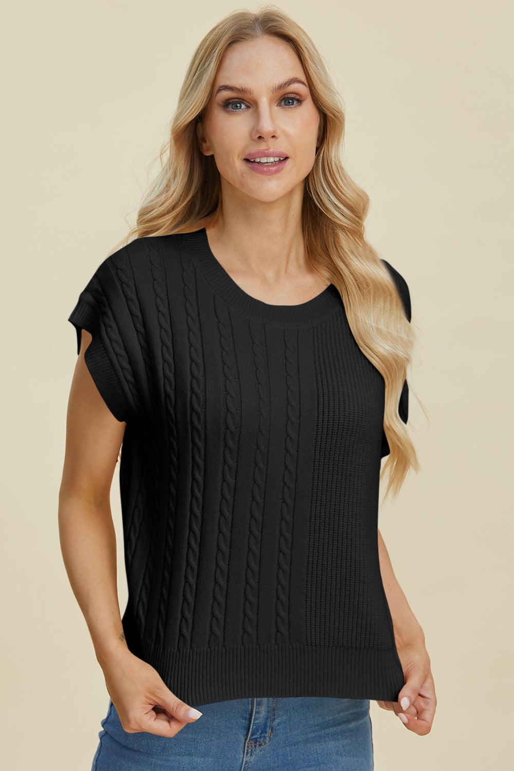 Double Take Full Size Cable-Knit Round Neck Short Sleeve Sweater - Bona Fide Fashion