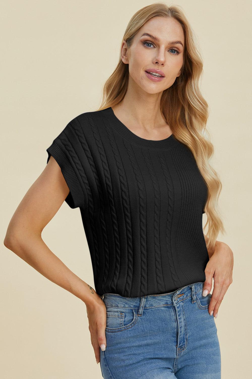 Double Take Full Size Cable-Knit Round Neck Short Sleeve Sweater - Bona Fide Fashion