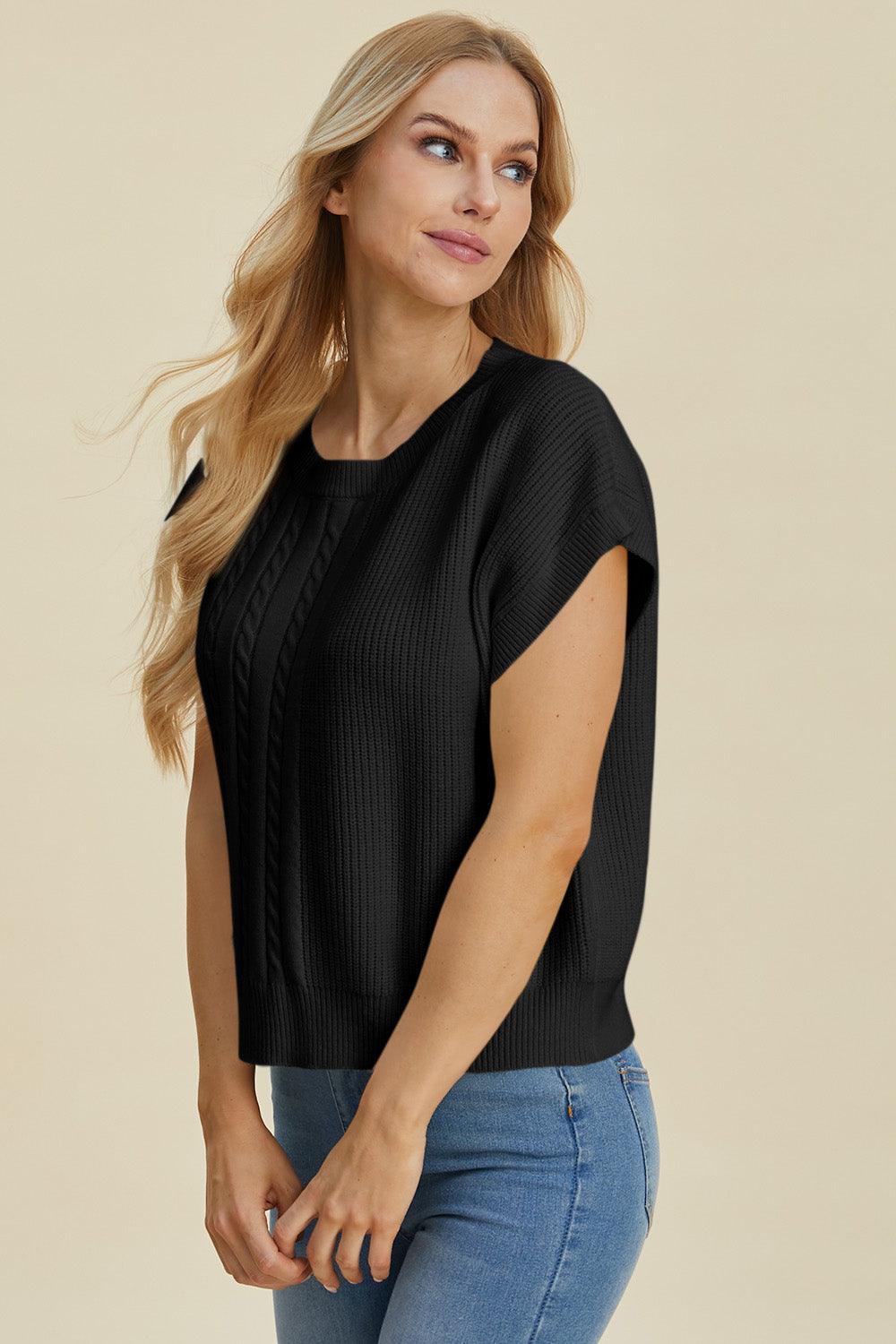 Double Take Full Size Cable-Knit Round Neck Short Sleeve Sweater - Bona Fide Fashion