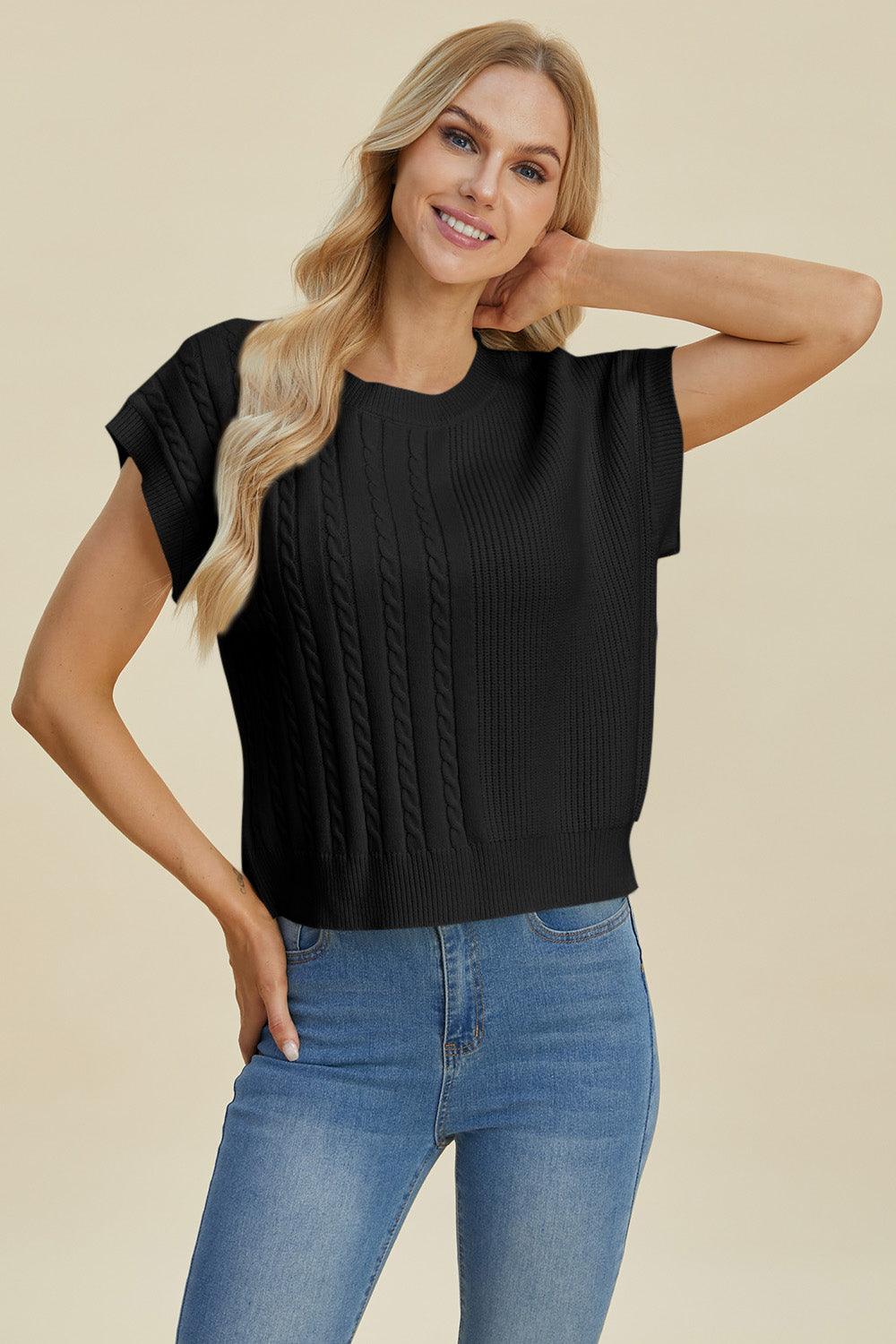 Double Take Full Size Cable-Knit Round Neck Short Sleeve Sweater - Bona Fide Fashion