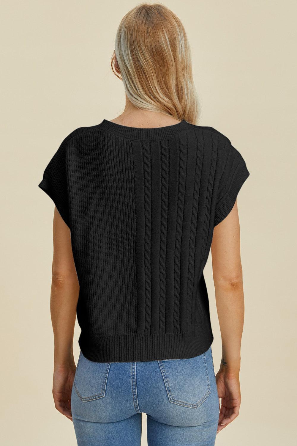 Double Take Full Size Cable-Knit Round Neck Short Sleeve Sweater - Bona Fide Fashion