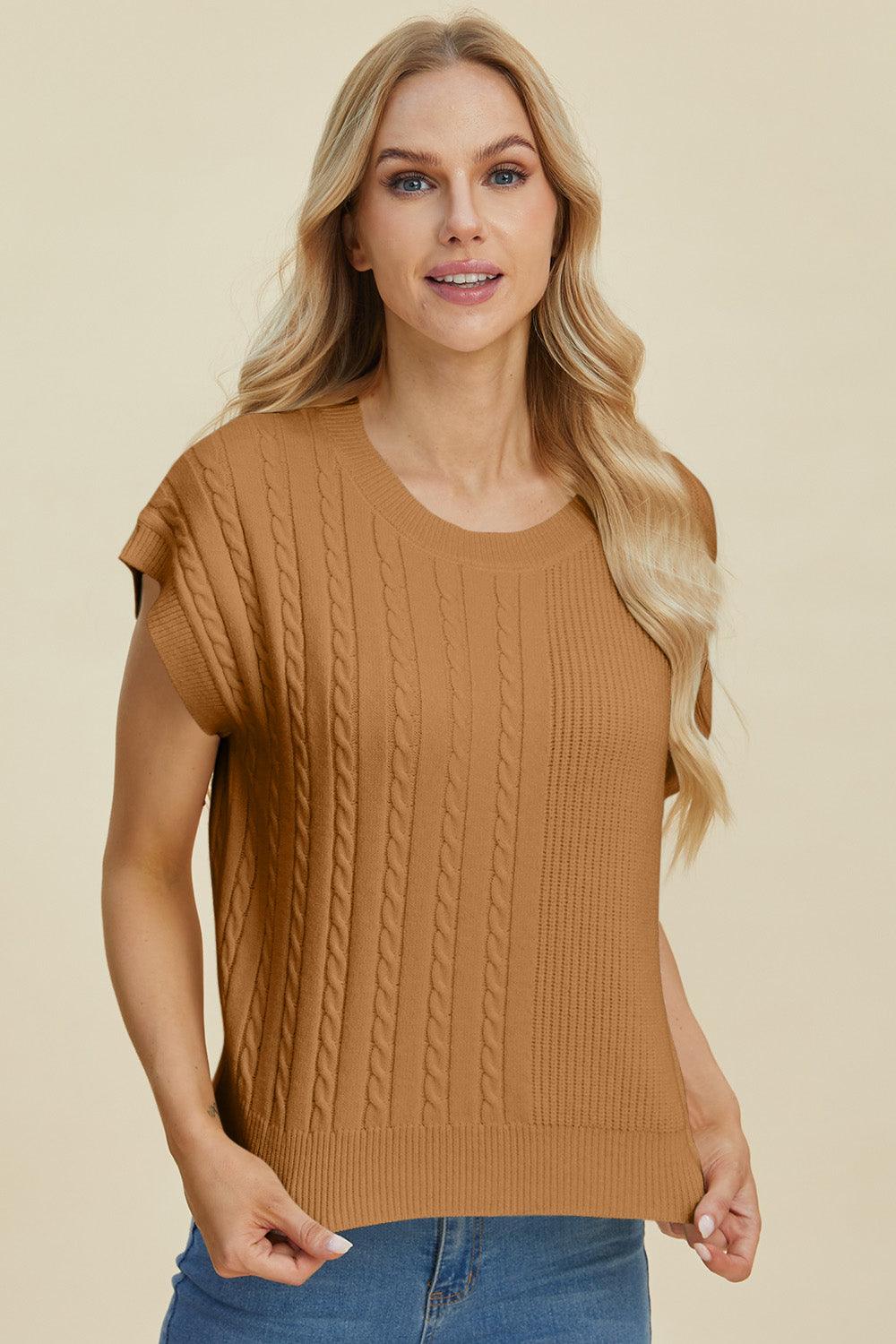 Double Take Full Size Cable-Knit Round Neck Short Sleeve Sweater - Bona Fide Fashion