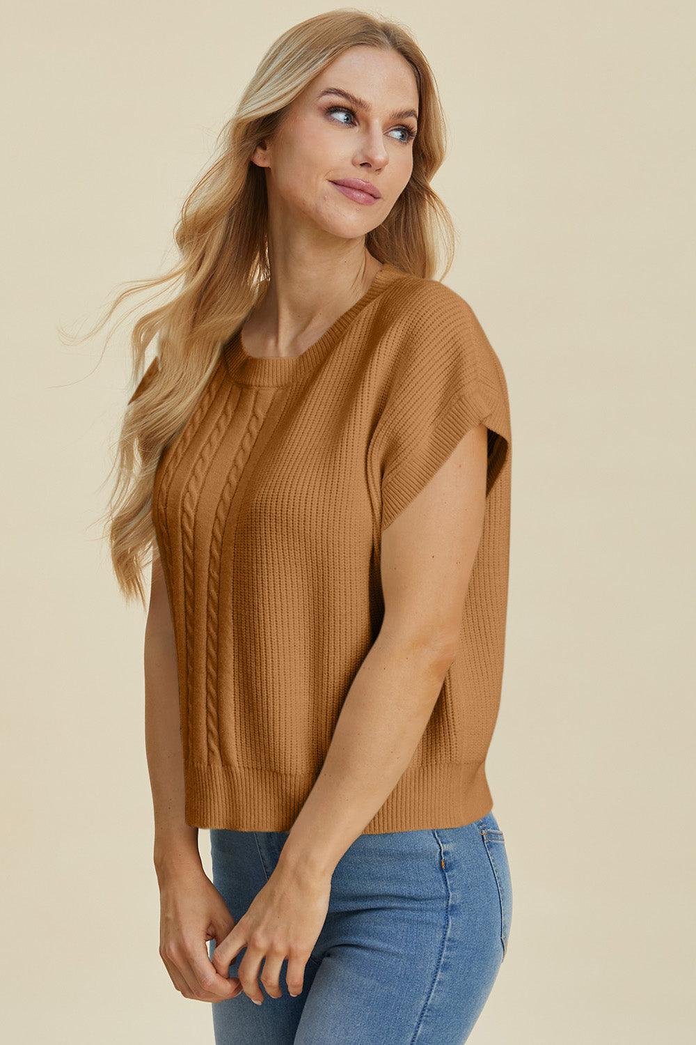 Double Take Full Size Cable-Knit Round Neck Short Sleeve Sweater - Bona Fide Fashion