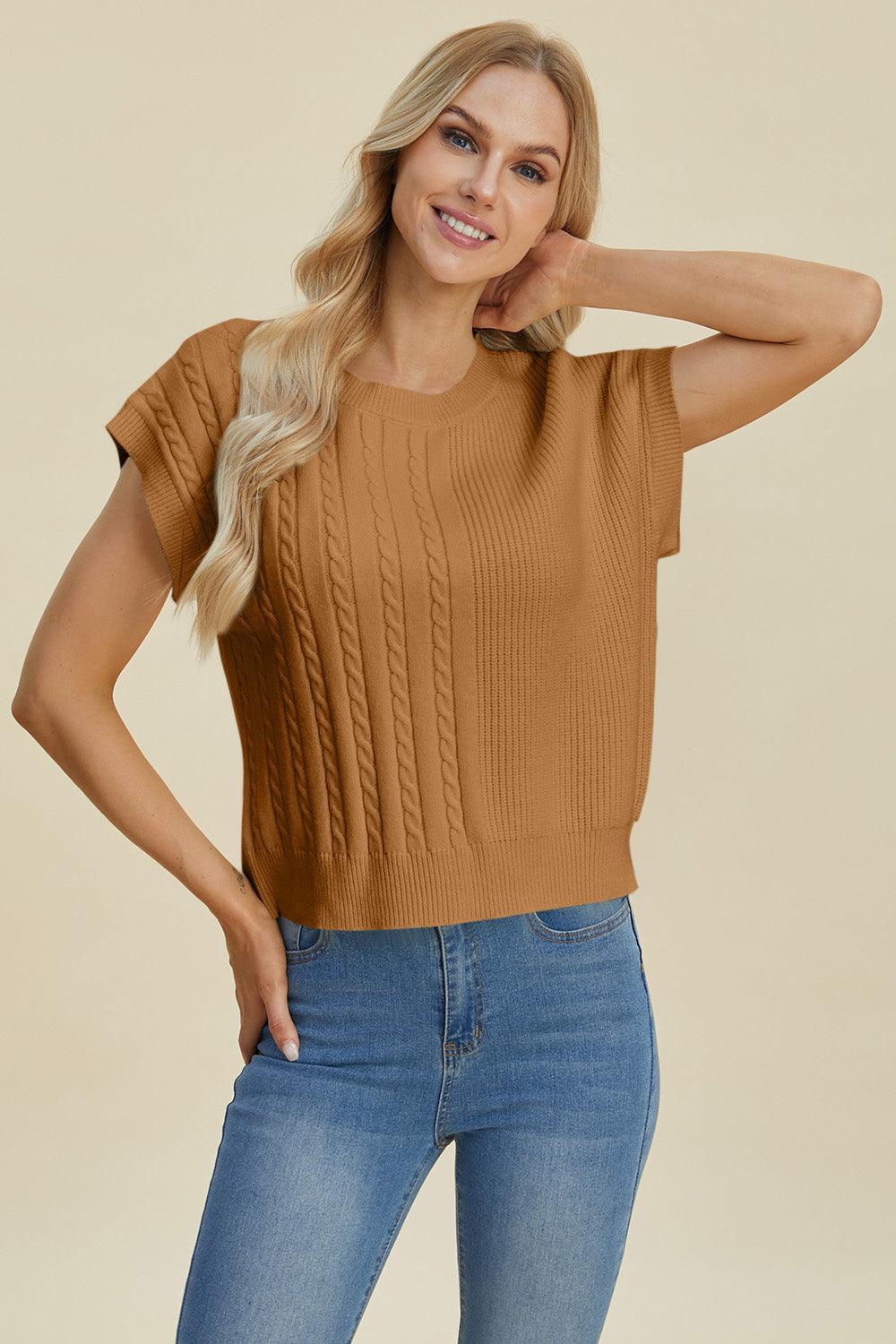 Double Take Full Size Cable-Knit Round Neck Short Sleeve Sweater - Bona Fide Fashion