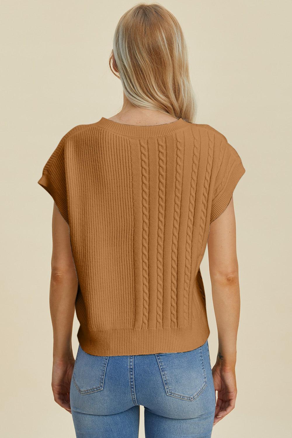 Double Take Full Size Cable-Knit Round Neck Short Sleeve Sweater - Bona Fide Fashion