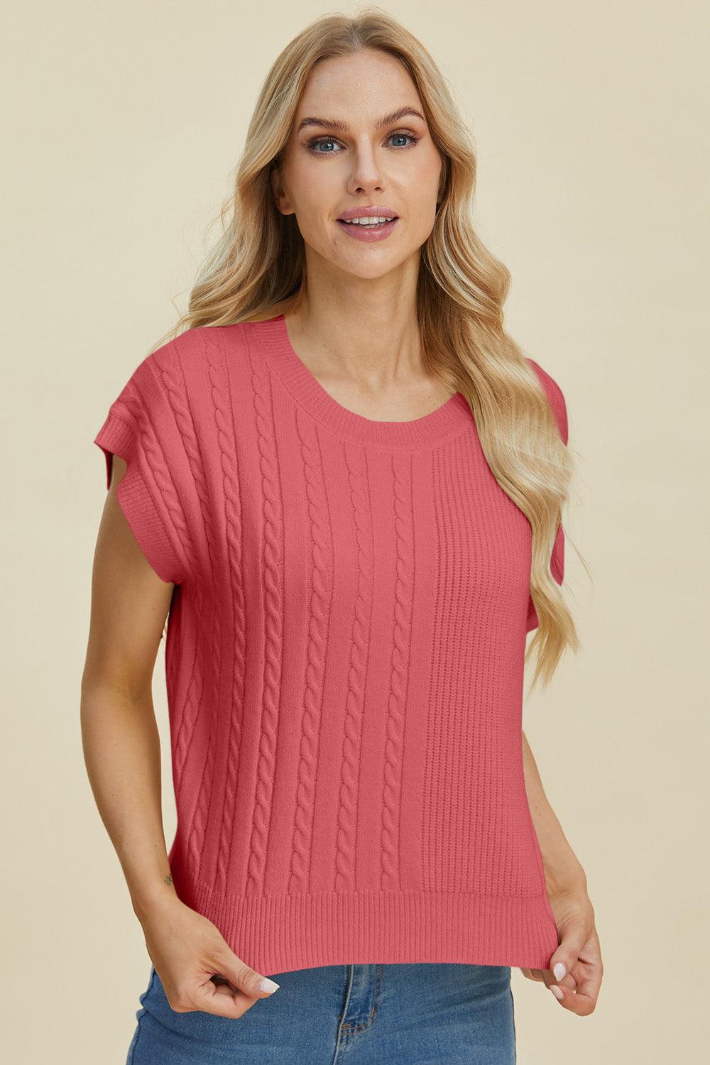 Double Take Full Size Cable-Knit Round Neck Short Sleeve Sweater - Bona Fide Fashion