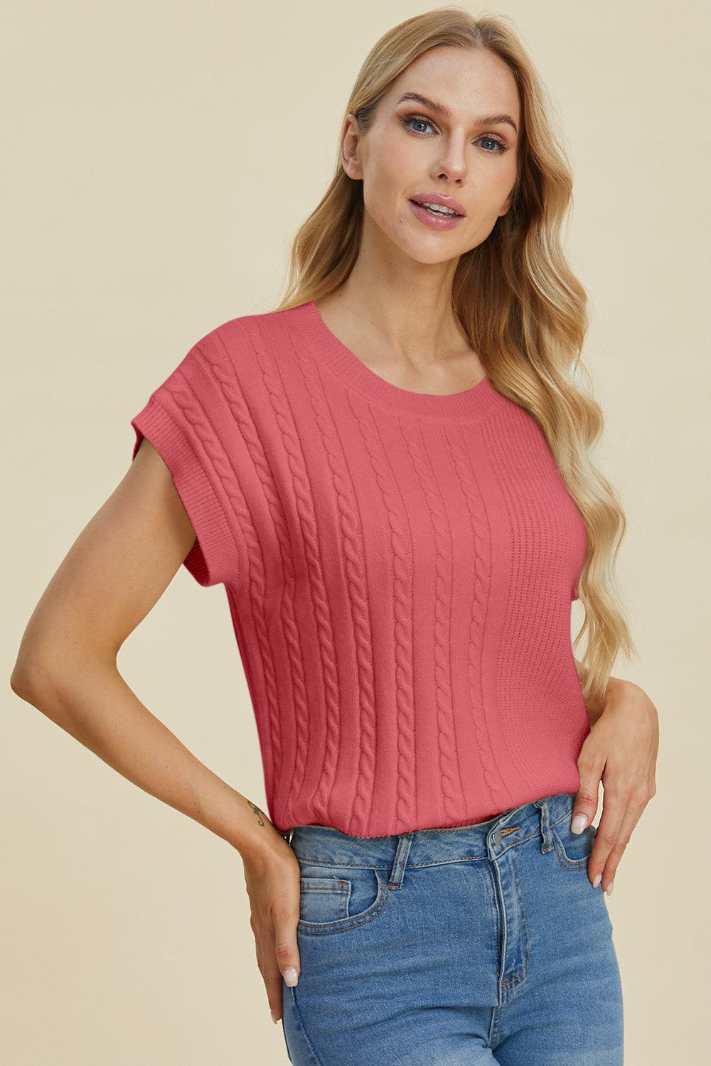 Double Take Full Size Cable-Knit Round Neck Short Sleeve Sweater - Bona Fide Fashion