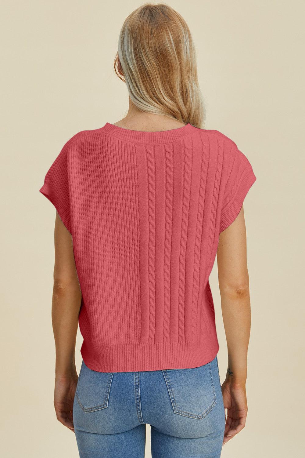 Double Take Full Size Cable-Knit Round Neck Short Sleeve Sweater - Bona Fide Fashion