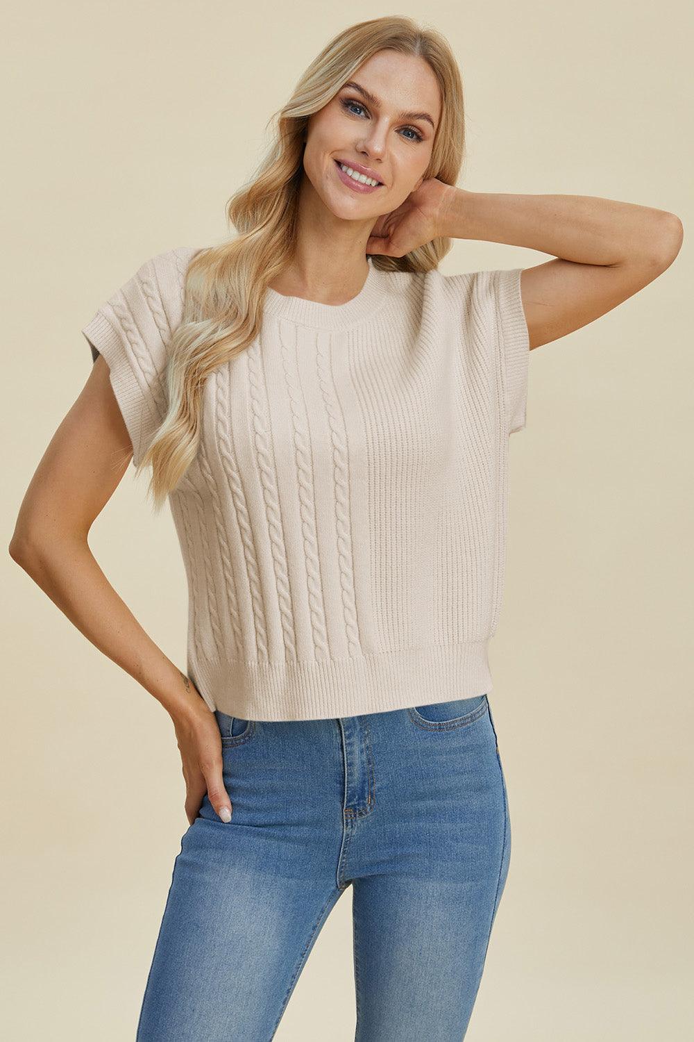 Double Take Full Size Cable-Knit Round Neck Short Sleeve Sweater - Bona Fide Fashion