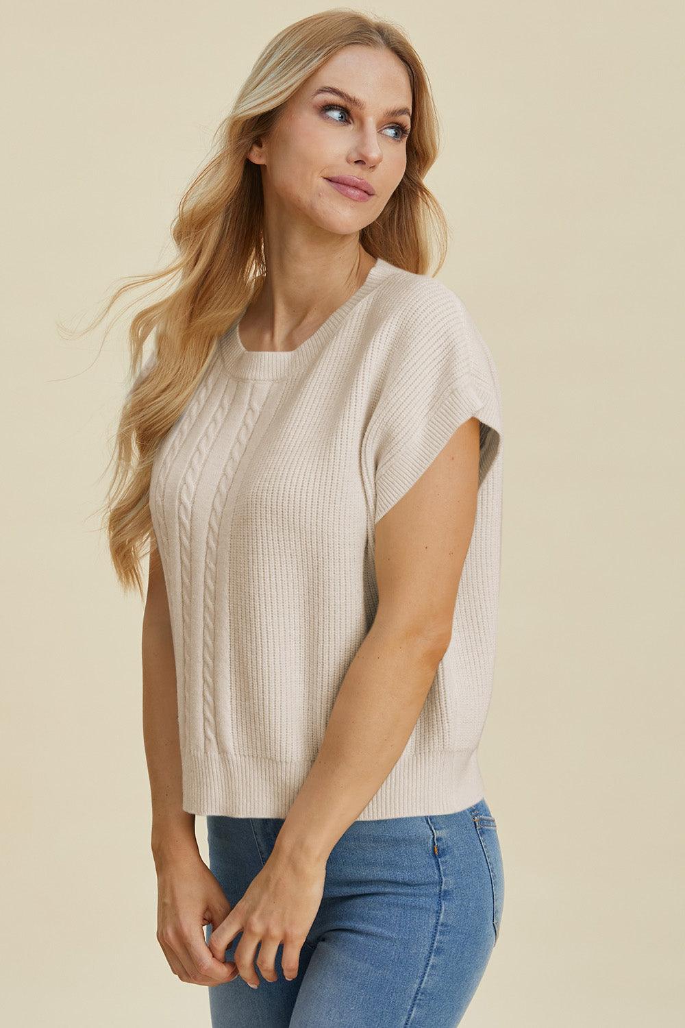 Double Take Full Size Cable-Knit Round Neck Short Sleeve Sweater - Bona Fide Fashion