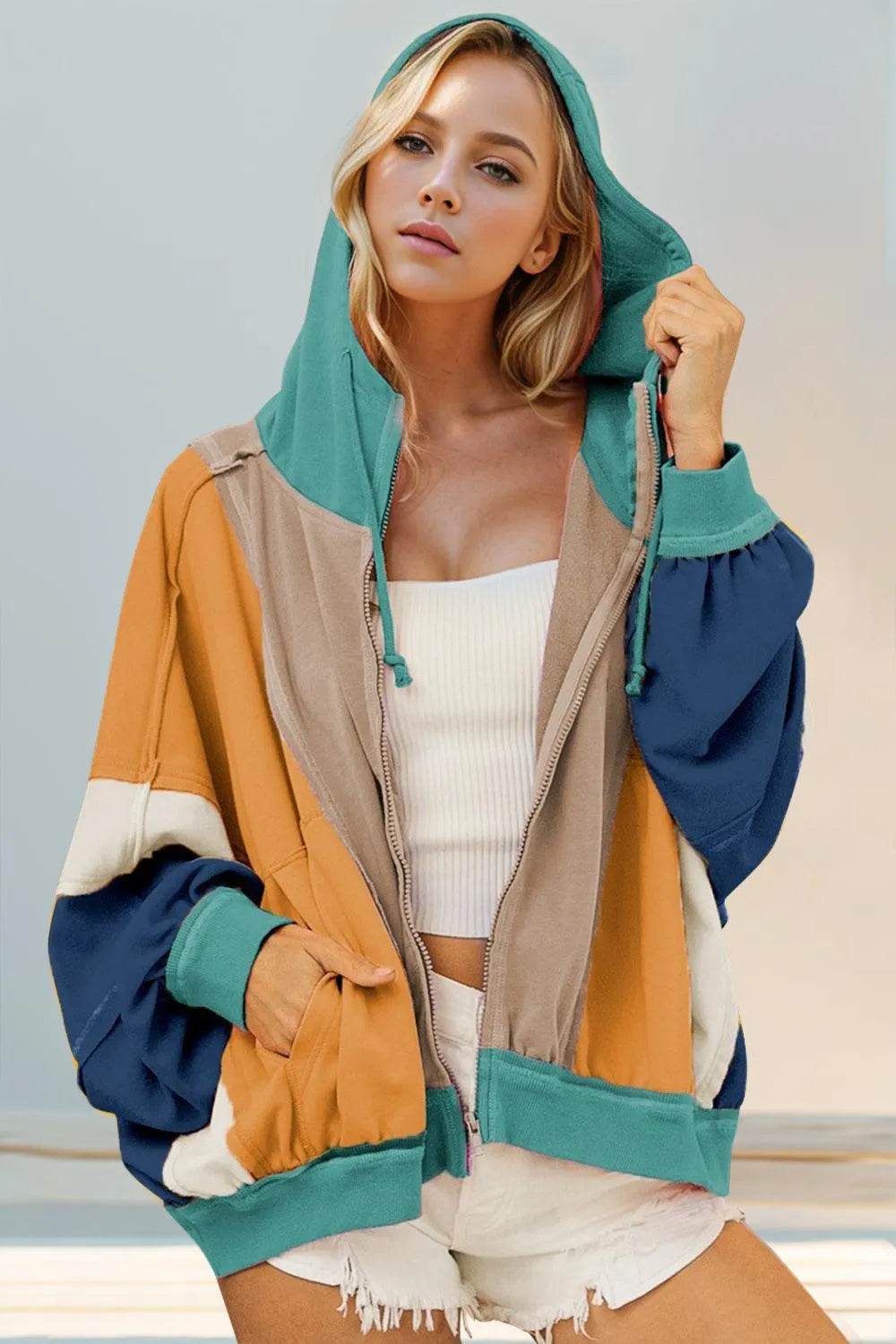 Double Take Full Size Color Block Zip Up Hoodie - Bona Fide Fashion