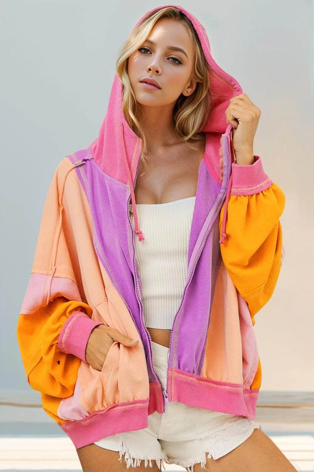 Double Take Full Size Color Block Zip Up Hoodie - Bona Fide Fashion
