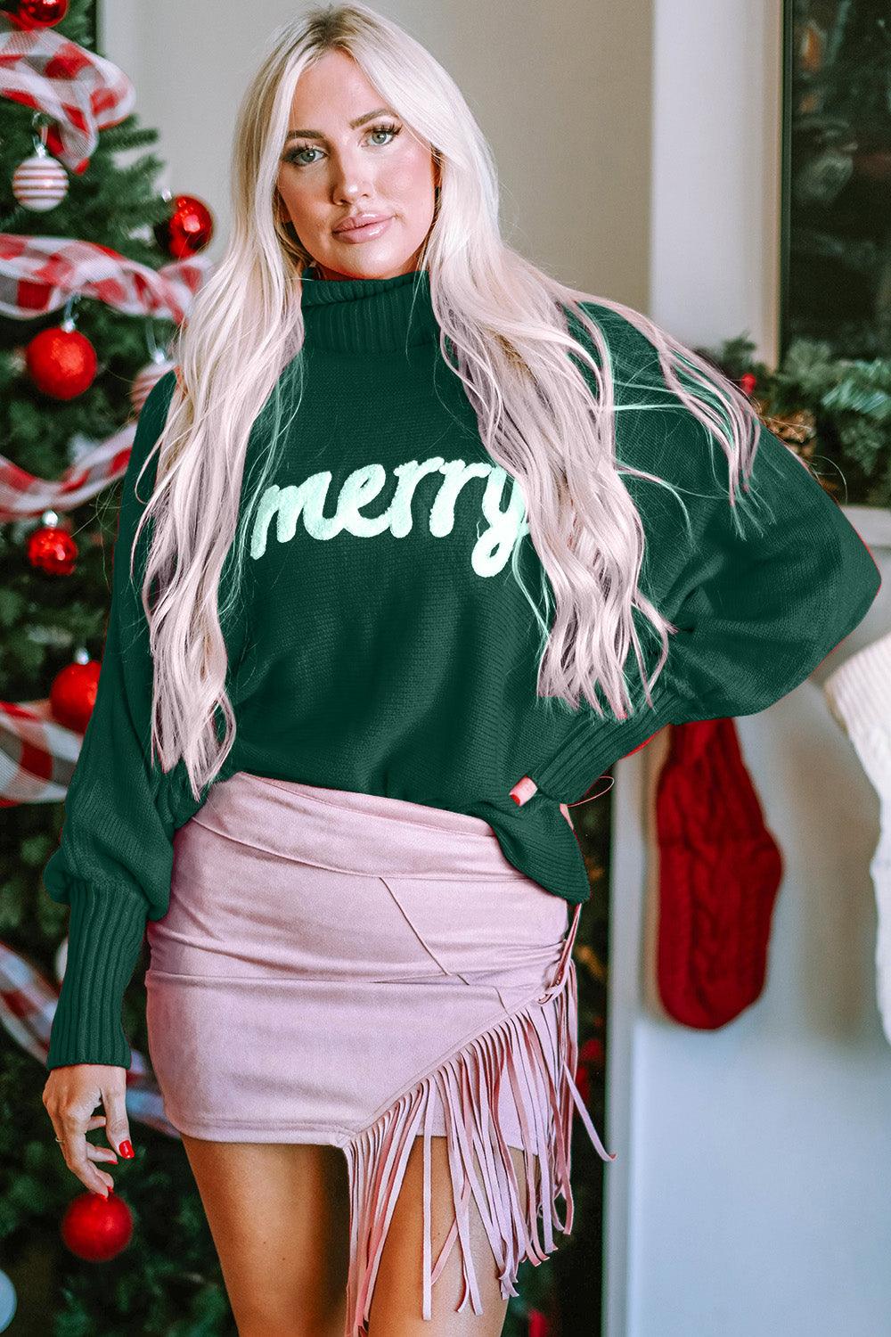 Double Take Full Size Merry Christmas Turtleneck Long Sleeve Sweater - Bona Fide Fashion