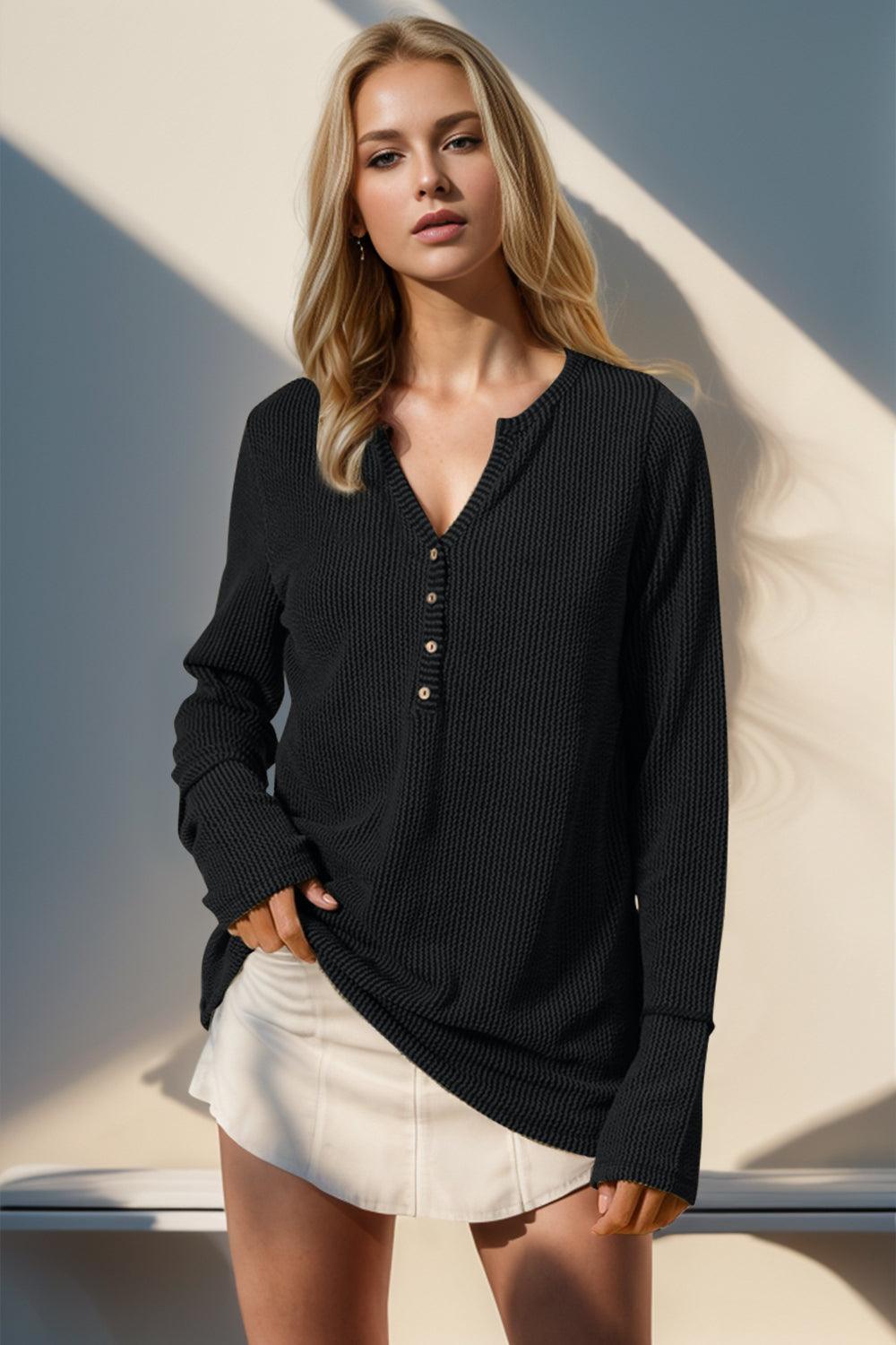 Double Take Full Size Notched Thumbhole Long Sleeve T-Shirt - Bona Fide Fashion