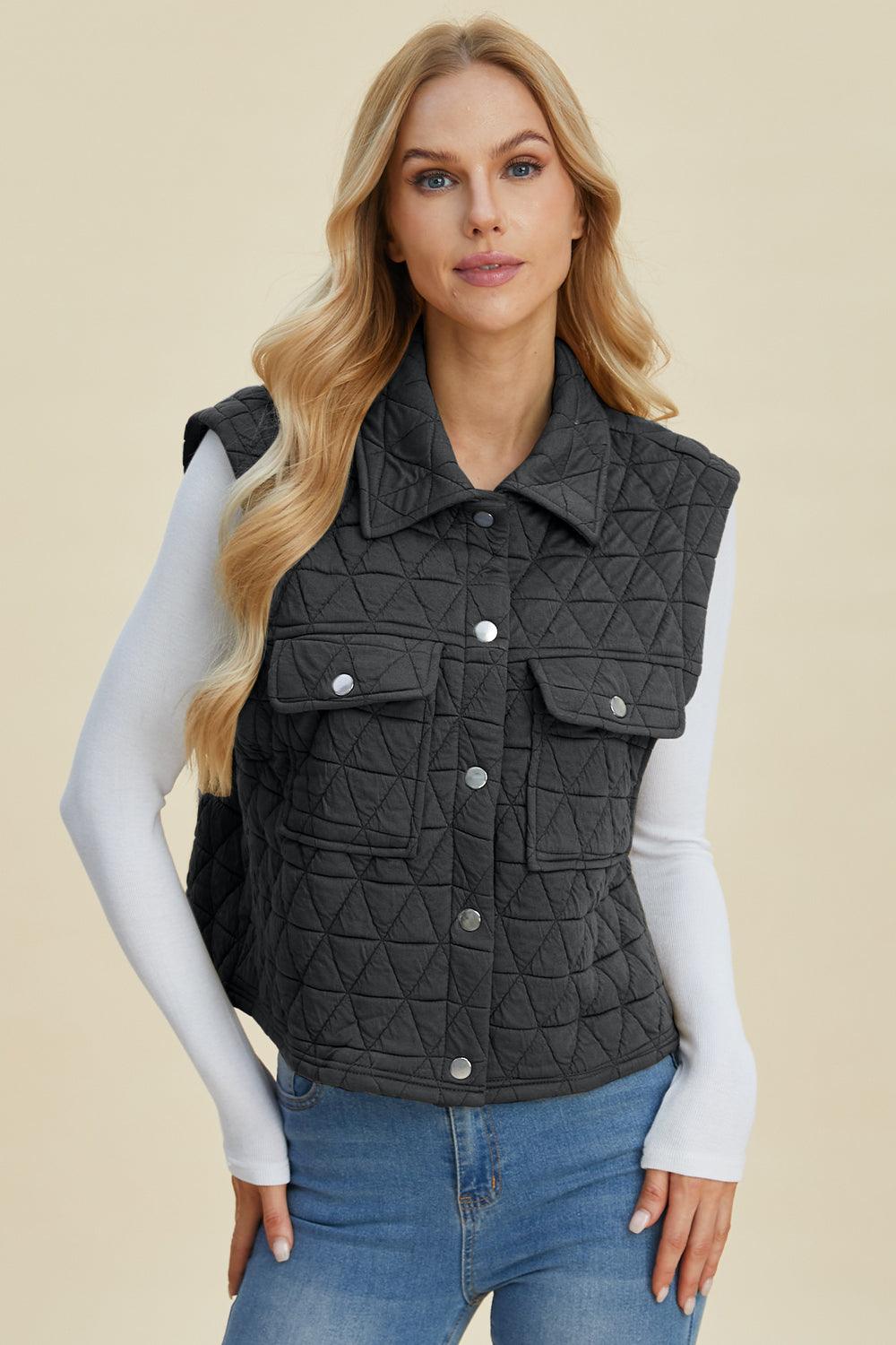 Double Take Full Size Pocketed Texture Snap Down Vest Coat - Bona Fide Fashion