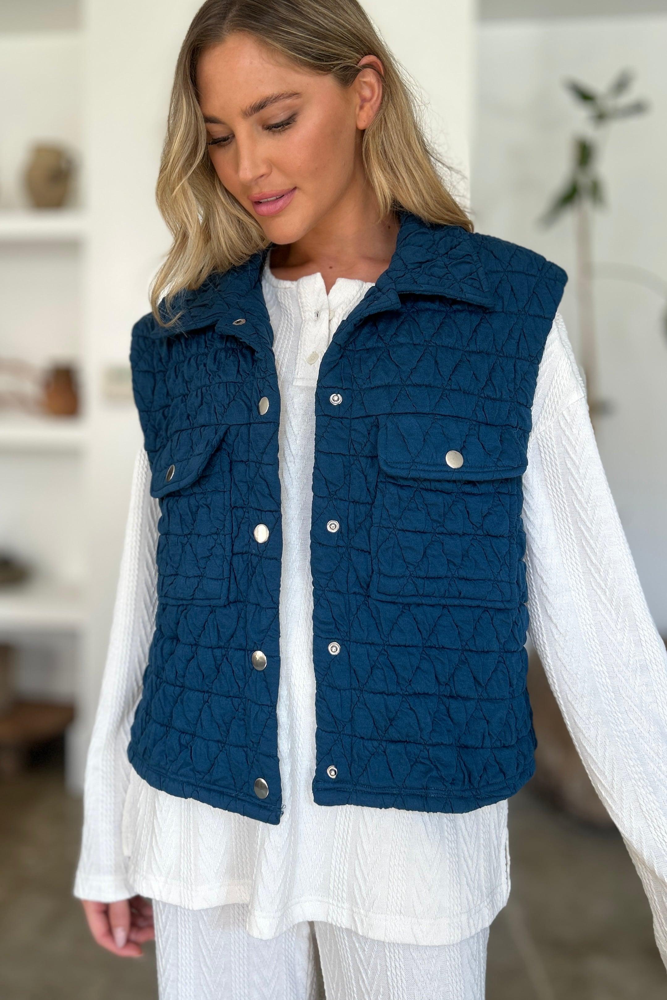 Double Take Full Size Pocketed Texture Snap Down Vest Coat - Bona Fide Fashion