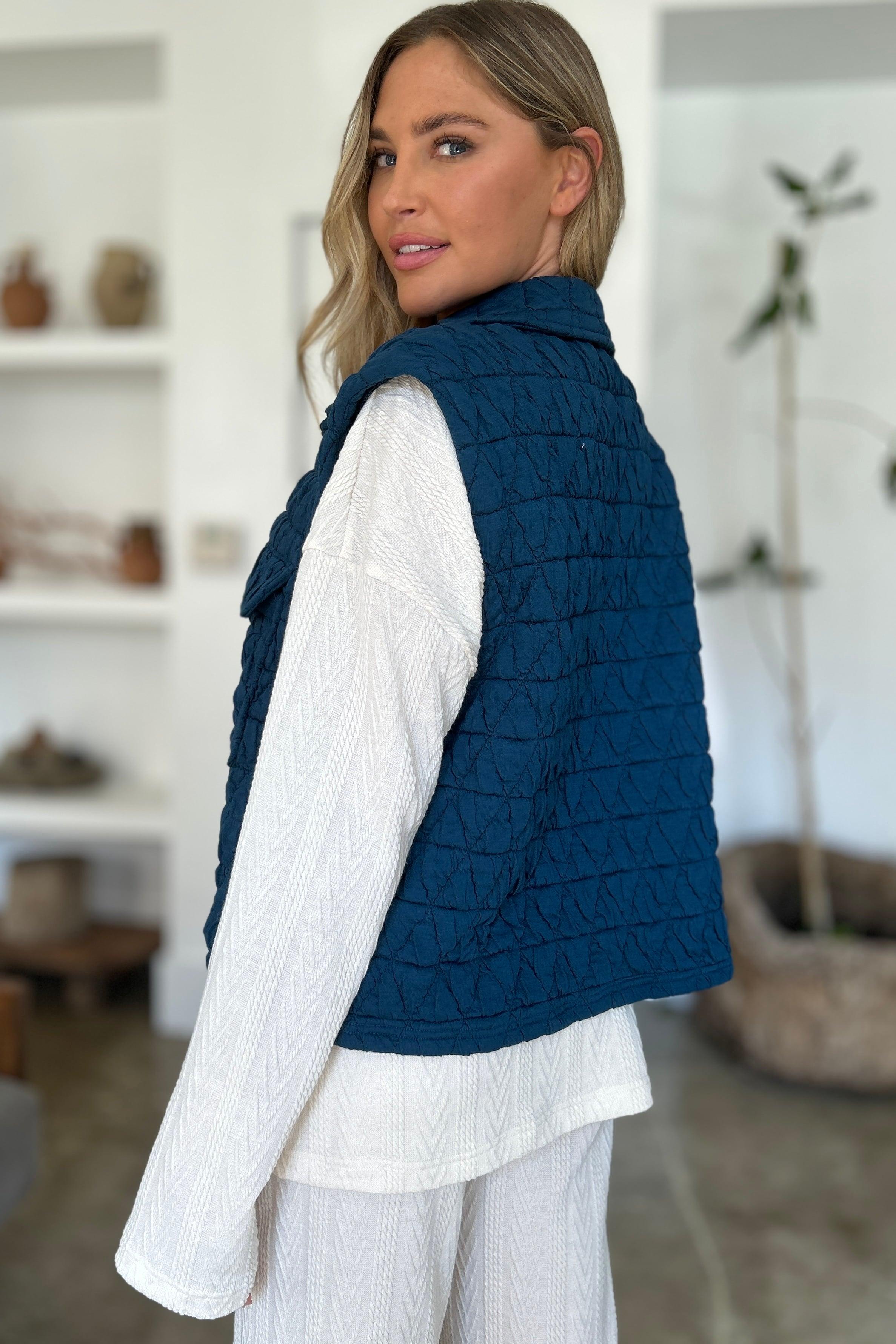 Double Take Full Size Pocketed Texture Snap Down Vest Coat - Bona Fide Fashion