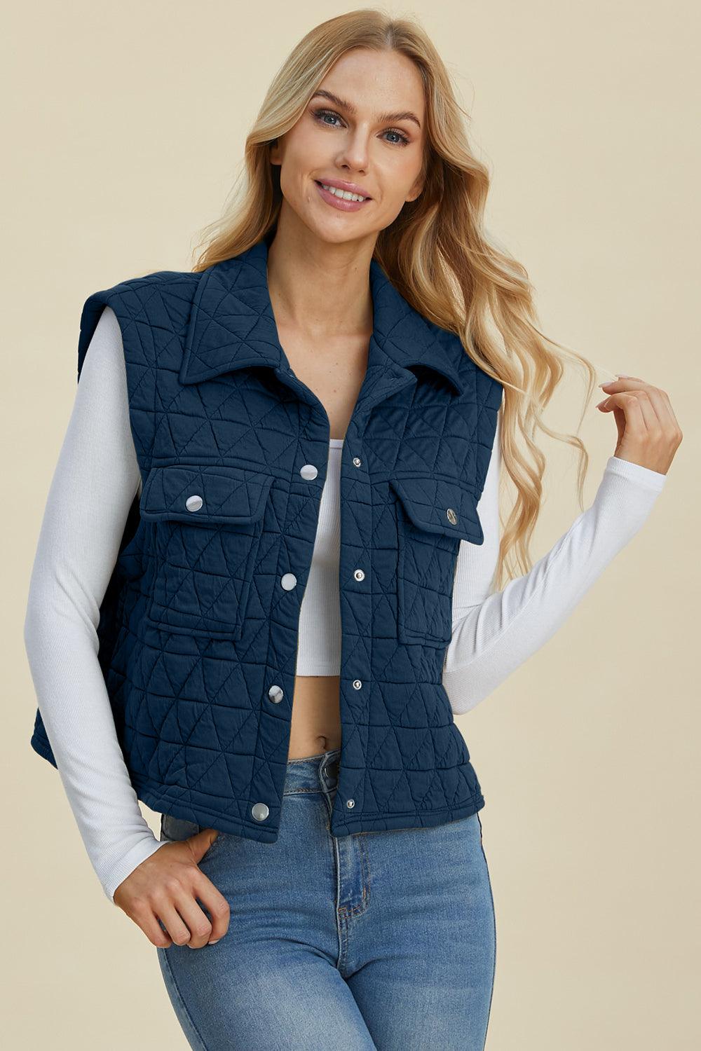 Double Take Full Size Pocketed Texture Snap Down Vest Coat - Bona Fide Fashion