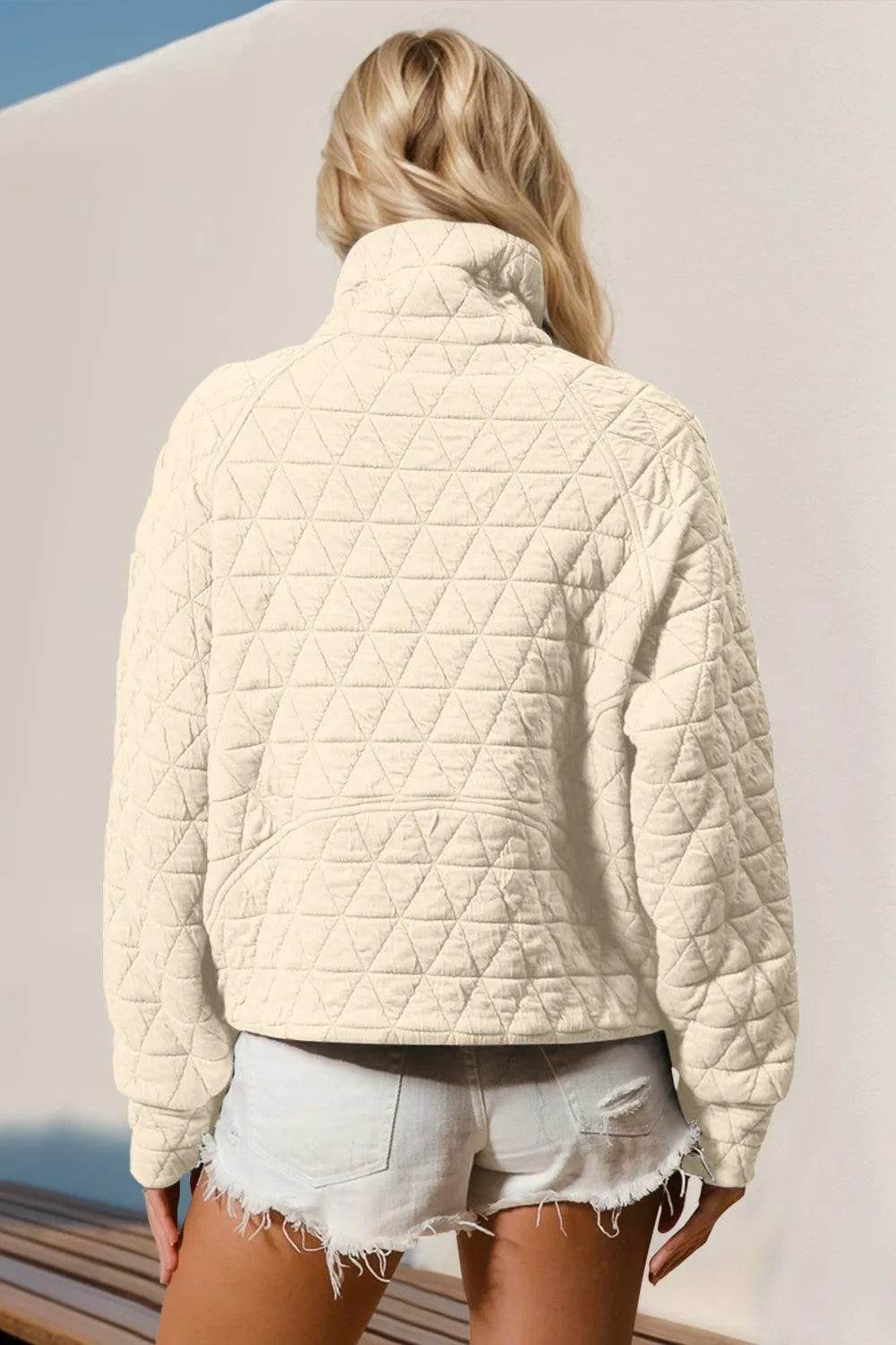 Double Take Half Zip Long Sleeve Quilted Sweatshirt with Pocket - Bona Fide Fashion