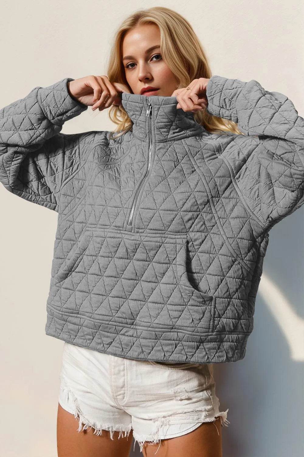 Double Take Half Zip Long Sleeve Quilted Sweatshirt with Pocket - Bona Fide Fashion