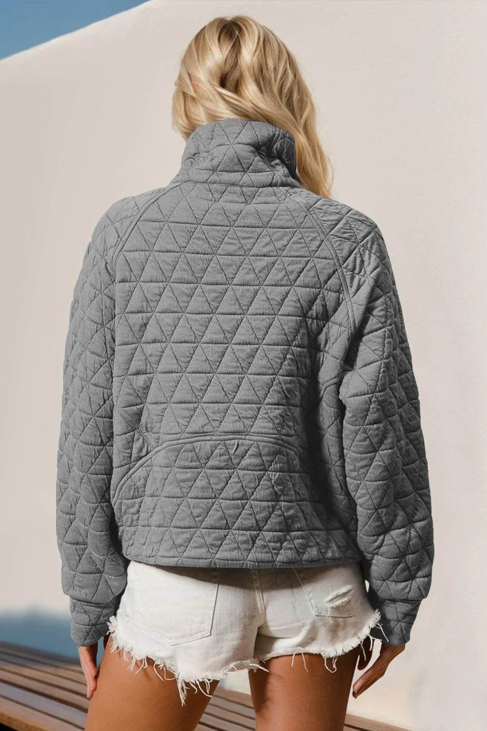 Double Take Half Zip Long Sleeve Quilted Sweatshirt with Pocket - Bona Fide Fashion