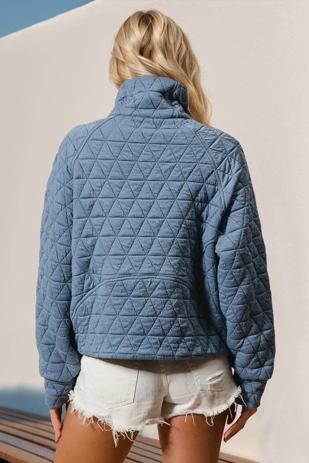Double Take Half Zip Long Sleeve Quilted Sweatshirt with Pocket - Bona Fide Fashion